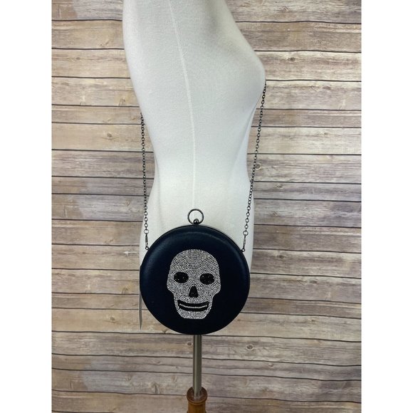 Alessia Handbags - Alessia NWT Skull Jeweled Purse Chain Strap Kiss Lock Round Black Goth Blingy